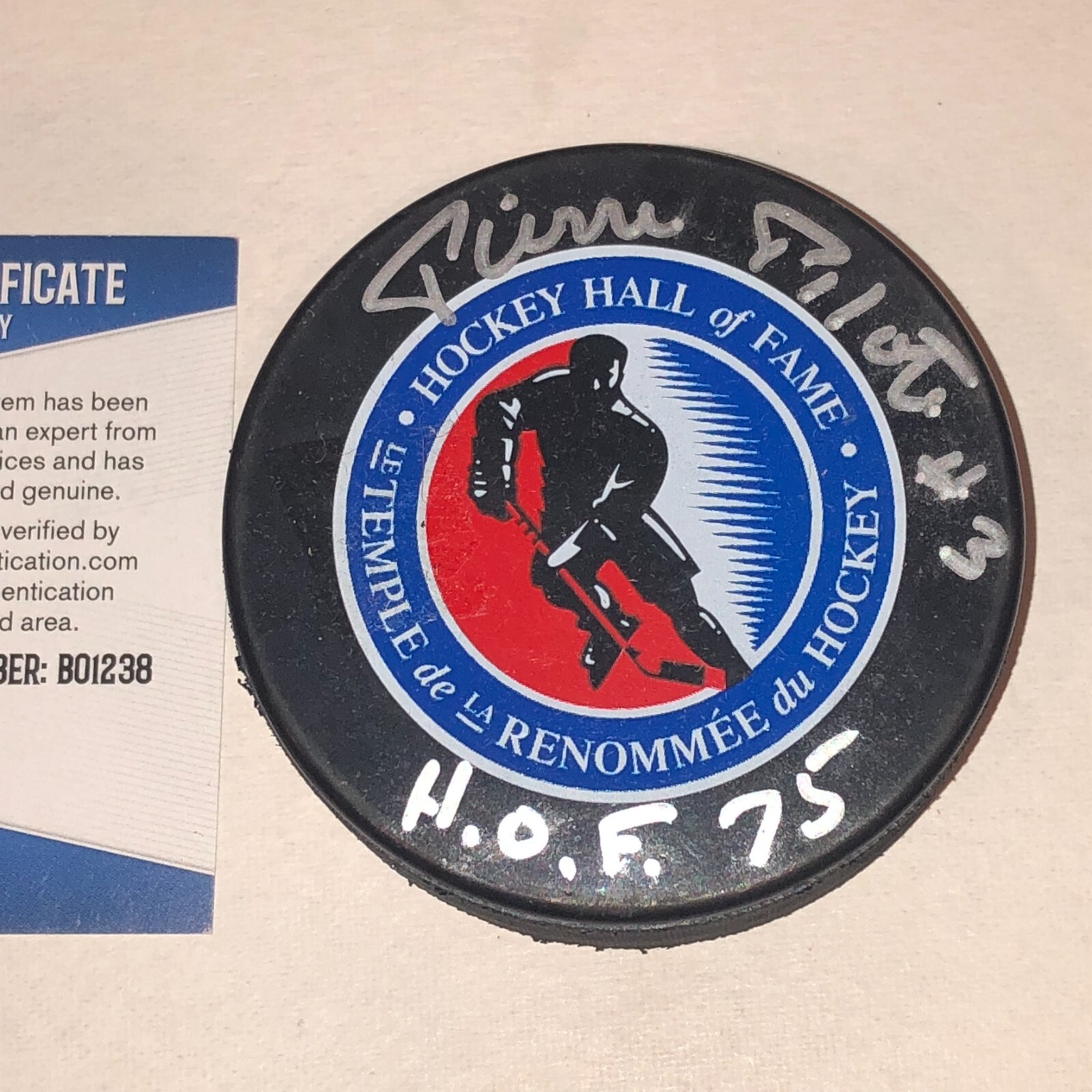 PIERRE PILOTE (Blackhawks) Signed HALL OF FAME Puck w/ Beckett COA & HOF Inscrp