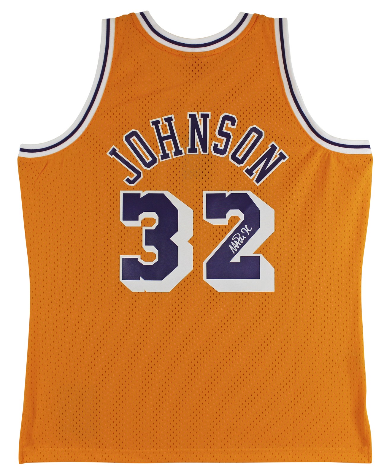 Lakers Magic Johnson Signed 1984-85 M&N HWC Swingman Yellow Jersey BAS Wit