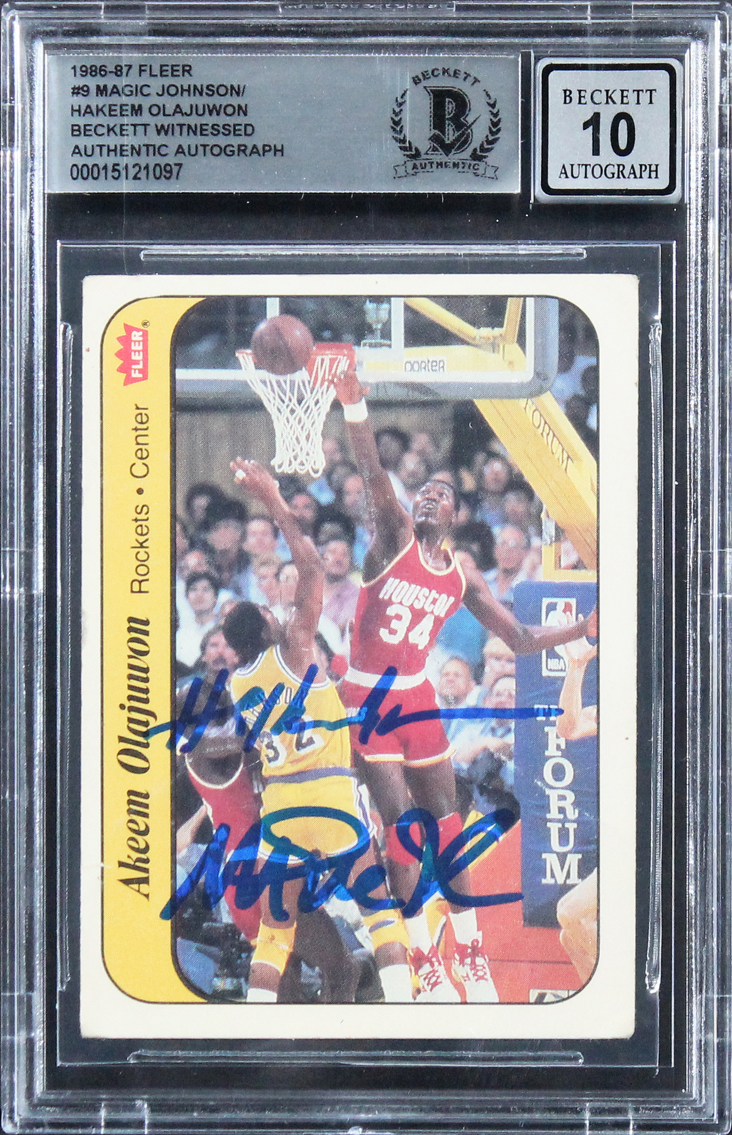 Magic Johnson & Hakeem Olajuwon Signed 1986 Fleer #9 Card Auto 10! BAS Slabbed
