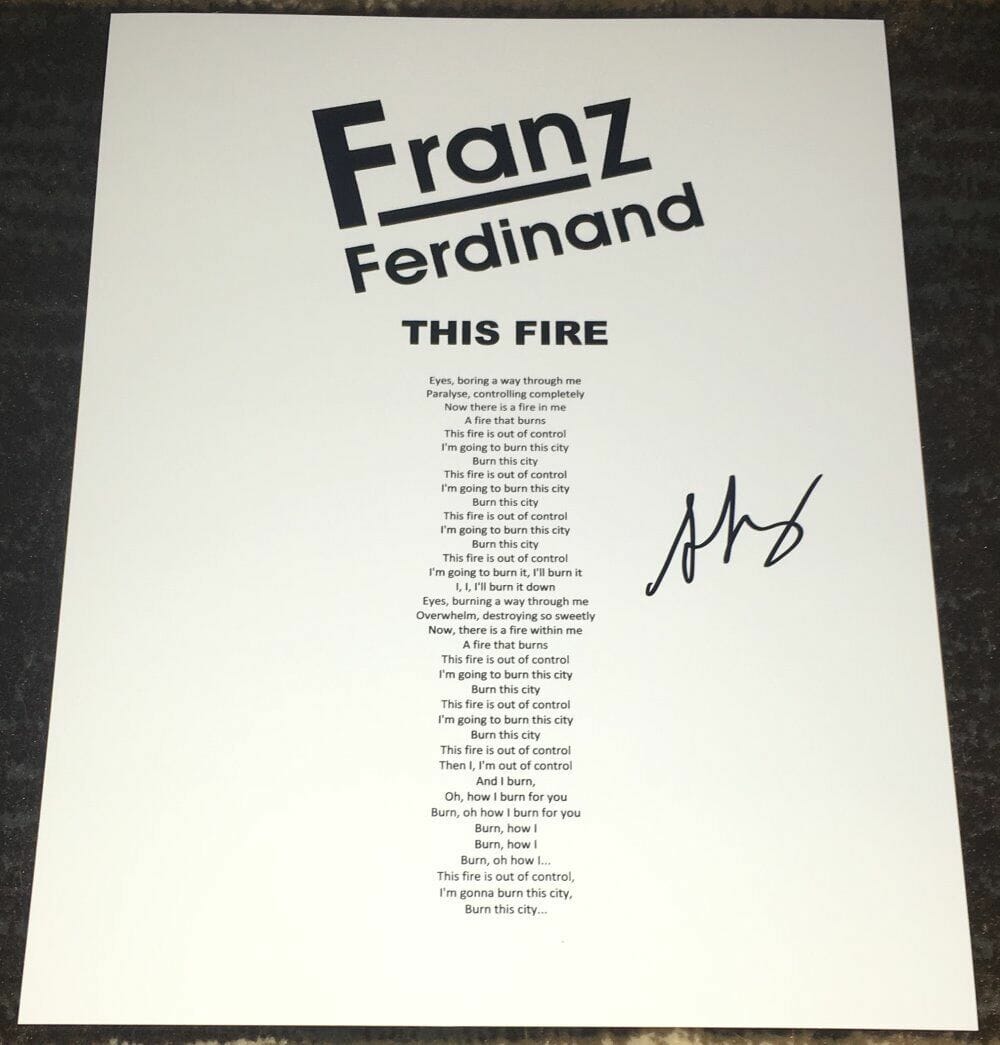 ALEX KAPRANOS SIGNED AUTOGRAPH FRANZ FERDINAND THIS FIRE LYRIC SHEET w/PROOF
