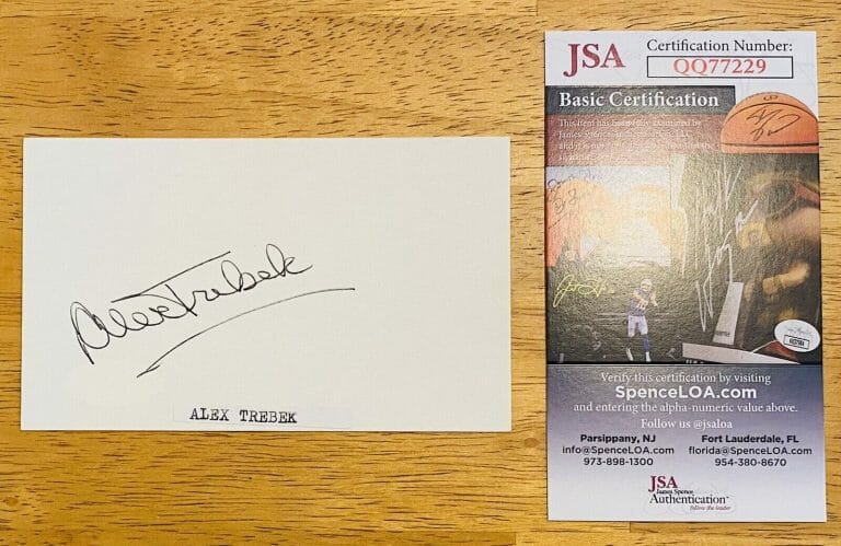 ALEX TREBEK SIGNED AUTOGRAPHED 3×5 CARD JSA CERTIFIED JEOPARDY
 COLLECTIBLE MEMORABILIA