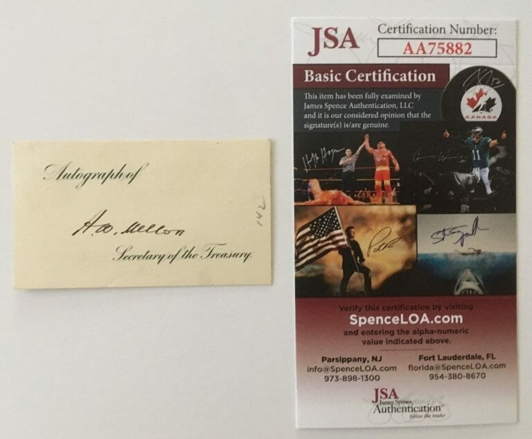 ANDREW MELLON SIGNED AUTOGRAPHED 3 X 1.5 CARD JSA CERTIFIED TREASURY GULF OIL
 COLLECTIBLE MEMORABILIA