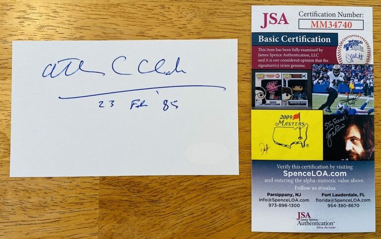 ARTHUR C CLARKE SIGNED AUTOGRAPHED 3×5 CARD JSA CERTIFIED 2001 A SPACE ODYSSEY
 COLLECTIBLE MEMORABILIA