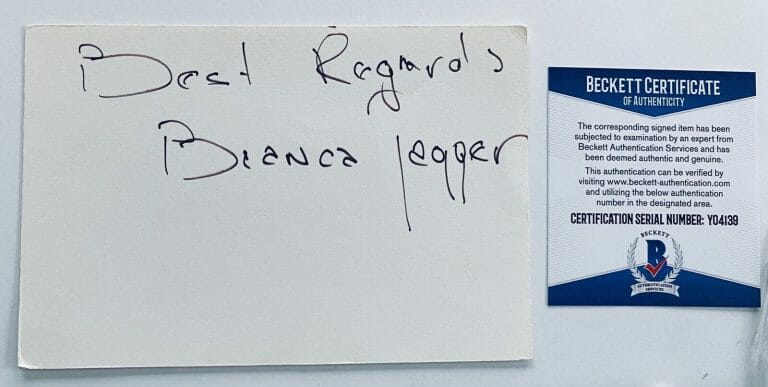 BIANCA JAGGER SIGNED AUTOGRAPHED 4×6 CARD BAS BECKETT CERTIFIED ACTRESS
 COLLECTIBLE MEMORABILIA