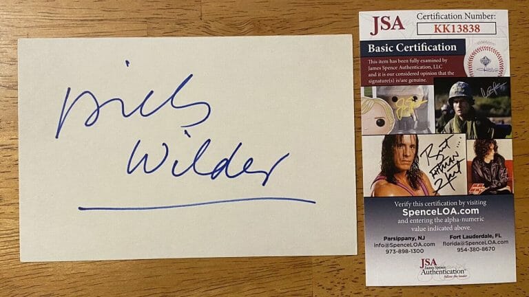 BILLY WILDER SIGNED AUTOGRAPHED 4×6 CARD JSA CERTIFIED DIRECTOR PRODUCER
 COLLECTIBLE MEMORABILIA