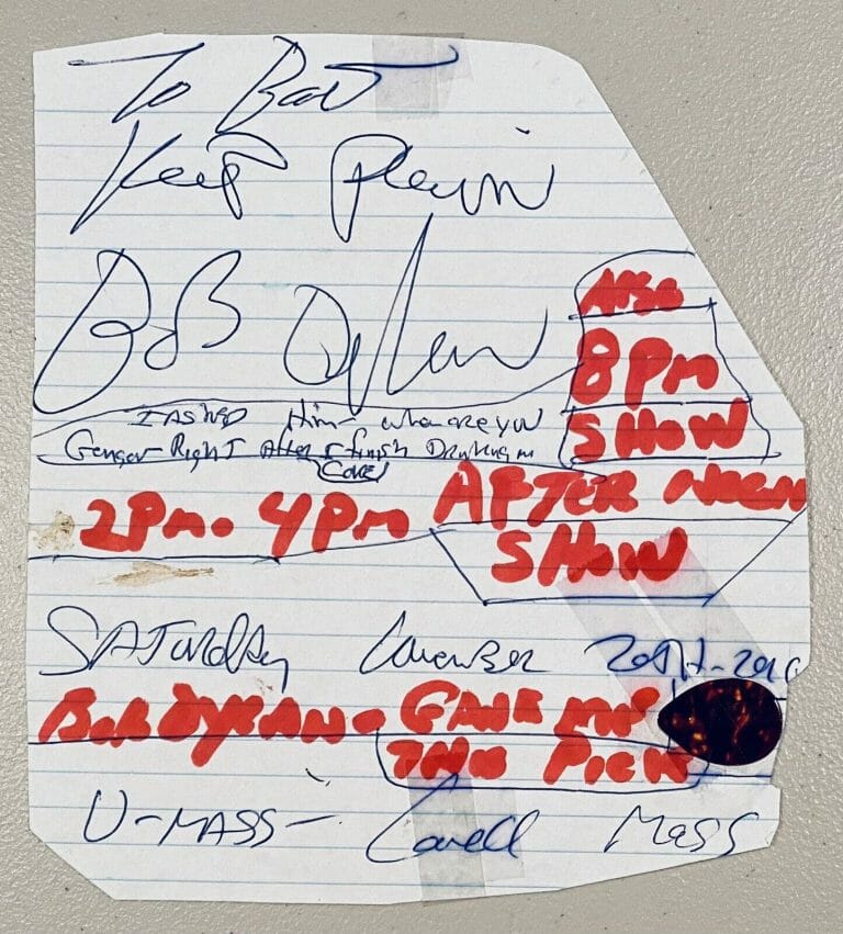 BOB DYLAN SIGNED AUTOGRAPHED 6×7 PAGE SHEET W/ CONCERT USED PICK FULL JSA LETTER
 COLLECTIBLE MEMORABILIA