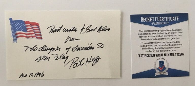 BOB HEFT SIGNED AUTOGRAPHED 3×5 CARD BAS BECKETT 50 STAR AMERICAN FLAG DESIGNER
 COLLECTIBLE MEMORABILIA