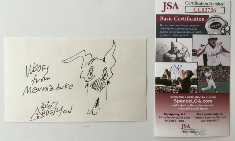 BRAD ANDERSON SIGNED AUTOGRAPHED 3×5 CARD W/ SKETCH JSA CERTIFIED MARMADUKE
 COLLECTIBLE MEMORABILIA