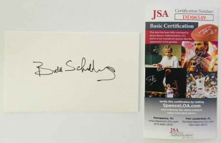 BUDD SCHULBERG SIGNED AUTOGRAPHED 3×5 CARD JSA CERTIFIED ON THE WATERFRONT
 COLLECTIBLE MEMORABILIA