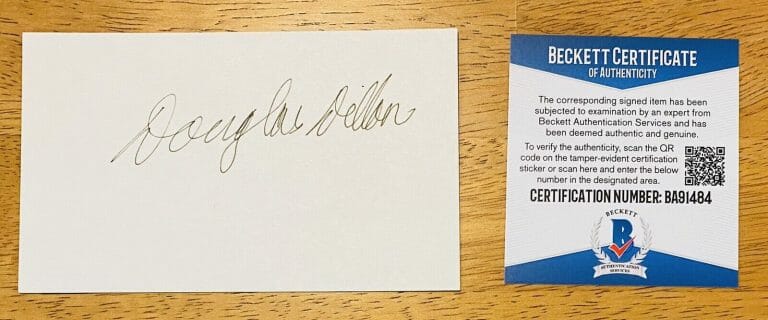 C DOUGLAS DILLON SIGNED AUTOGRAPHED 3×5 CARD BECKETT BAS TREASURY SECRETARY JFK
 COLLECTIBLE MEMORABILIA