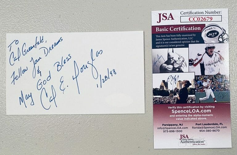 CARL E DOUGLAS SIGNED AUTOGRAPHED 3×5 CARD JSA CERT OJ SIMPSON TRIAL ATTORNEY
 COLLECTIBLE MEMORABILIA