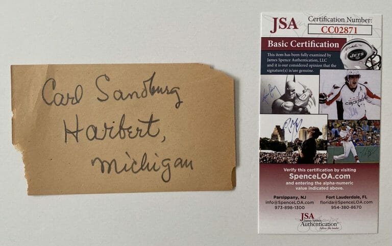 CARL SANDBURG SIGNED AUTOGRAPHED 3×5 PAGE JSA CERTIFIED AUTHOR POET
 COLLECTIBLE MEMORABILIA