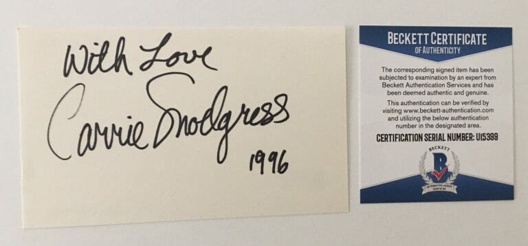 CARRIE SNODGRESS SIGNED AUTOGRAPHED 3×5 CARD BAS BECKETT CERTIFIED
 COLLECTIBLE MEMORABILIA