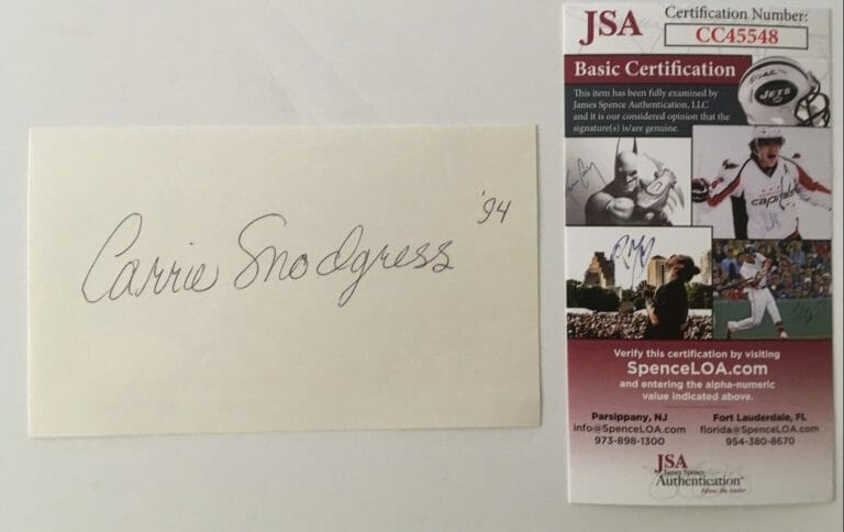 CARRIE SNODGRESS SIGNED AUTOGRAPHED 3×5 CARD JSA CERTIFIED
 COLLECTIBLE MEMORABILIA