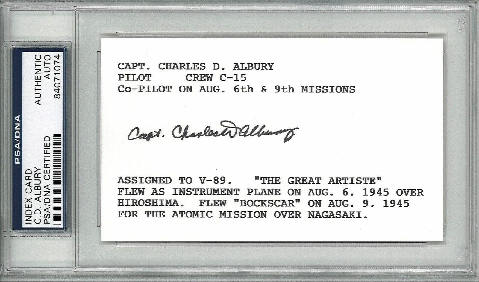 CD ALBURY SIGNED INDEX CARD PSA DNA 84071074 (D) BOCKSCAR GREAT ARTISTE 8/9/45