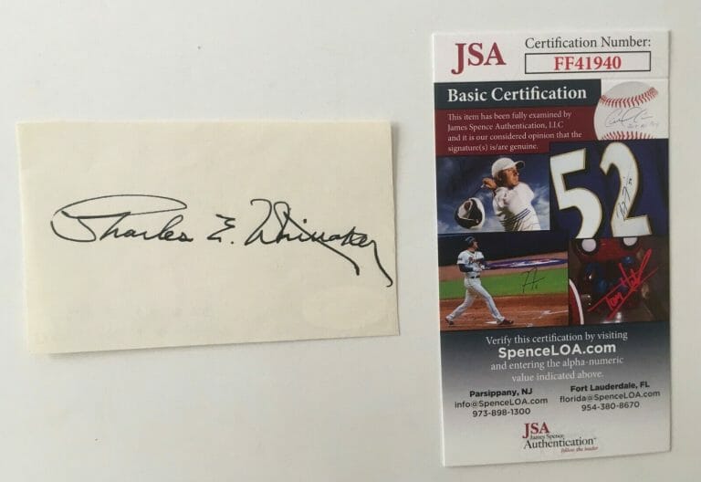 CHARLES WHITTAKER SIGNED AUTOGRAPHED 2.5 X 4 SLIP JSA CERTIFIED SUPREME COURT
 COLLECTIBLE MEMORABILIA
