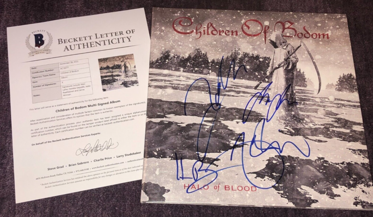 CHILDREN OF BODOM SIGNED HALO OF BLOOD LP ALBUM COVER W/ BAS LOA (BY LAIHO +3) COLLECTIBLE MEMORABILIA