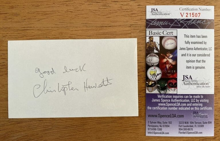 CHRISTOPHER HEWETT SIGNED AUTOGRAPHED 3×5 CARD JSA CERTIFIED MR BELVEDERE
 COLLECTIBLE MEMORABILIA