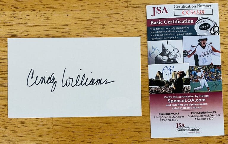 CINDY WILLIAMS SIGNED AUTOGRAPHED 3×5 CARD JSA CERTIFIED LAVERNE AND SHIRLEY
 COLLECTIBLE MEMORABILIA