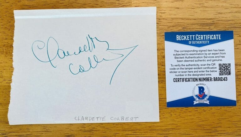 CLAUDETTE COLBERT SIGNED AUTOGRAPHED 4.5 X 5.5 ALBUM PAGE BAS BECKETT CERTIFIED
 COLLECTIBLE MEMORABILIA