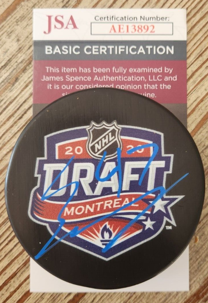 CONNOR ZARY SIGNED 2020 NHL DRAFT PUCK W/ JSA COA #AE13892 CALGARY FLAMES COLLECTIBLE MEMORABILIA