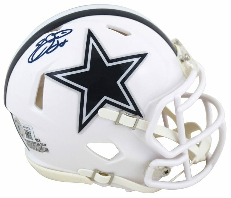 COWBOYS EMMITT SMITH SIGNED 2022 ALT WHITE SPEED MINI HELMET BAS WITNESSED COLLECTIBLE MEMORABILIA