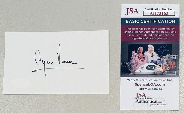 CYRUS VANCE SIGNED AUTOGRAPHED 3×5 CARD JSA CERT SECRETARY OF STATE JIMMY CARTER
 COLLECTIBLE MEMORABILIA