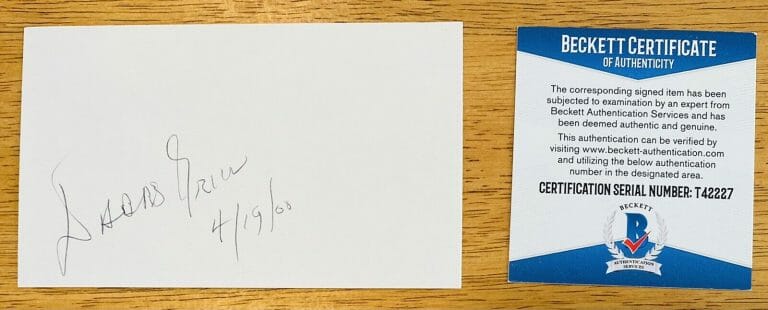 DABBS GREER SIGNED AUTOGRAPHED 3×5 CARD BAS BECKETT CERTIFIED
 COLLECTIBLE MEMORABILIA
