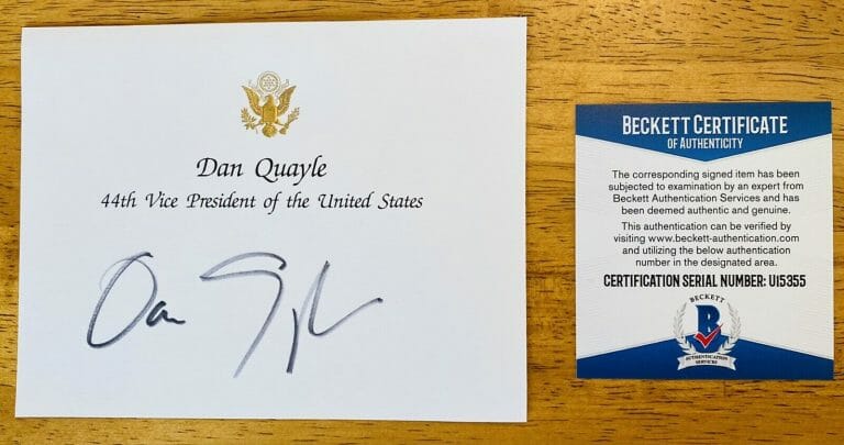 DAN QUAYLE SIGNED AUTOGRAPHED 4.25 X 5.5 VICE PRESIDENT CARD BAS BECKETT CERT 2
 COLLECTIBLE MEMORABILIA