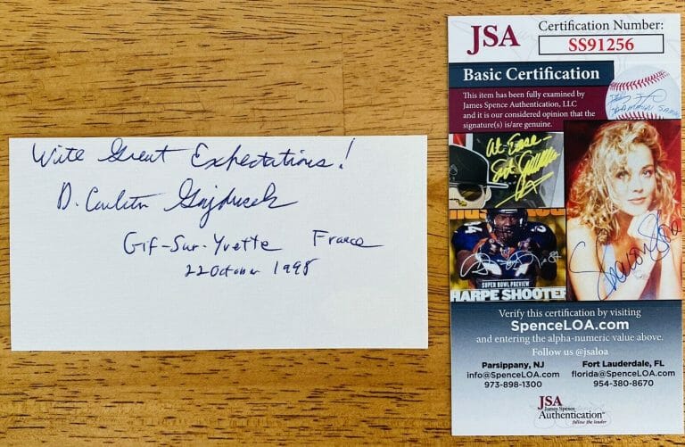 DANIEL CARLETON GAJDUSEK SIGNED AUTOGRAPHED 2.5 X 5 CARD JSA CERT NOBEL PRIZE
 COLLECTIBLE MEMORABILIA