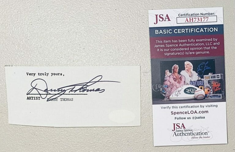 DANNY THOMAS SIGNED AUTOGRAPHED 2.25 X 5 CUT JSA CERT MAKE ROOM FOR DADDY SHOW
 COLLECTIBLE MEMORABILIA