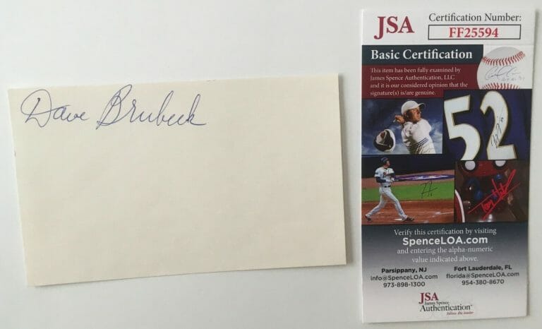 DAVE BRUBECK SIGNED AUTOGRAPHED 3×5 CARD JSA CERTIFIED JAZZ MUSICIAN
 COLLECTIBLE MEMORABILIA