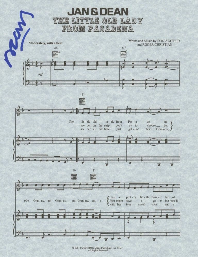DEAN TORRENCE SIGNED LITTLE OLD LADY FROM PASADENA SHEET MUSIC #2 COA JAN & DEAN
 COLLECTIBLE MEMORABILIA