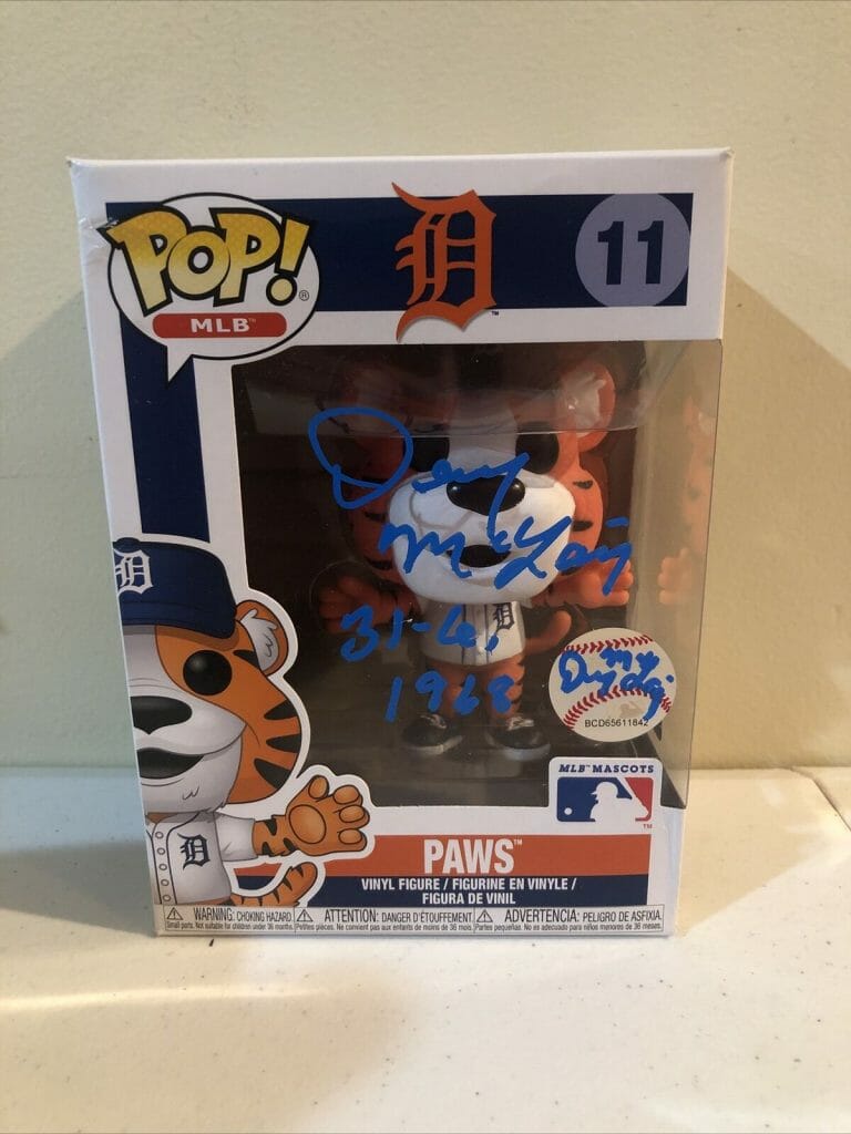 DETROIT TIGERS- DENNY MCLAIN SIGNED AUTOGRAPH PAWS FUNKO POP TRISTAR COA 31-6 COLLECTIBLE MEMORABILIA