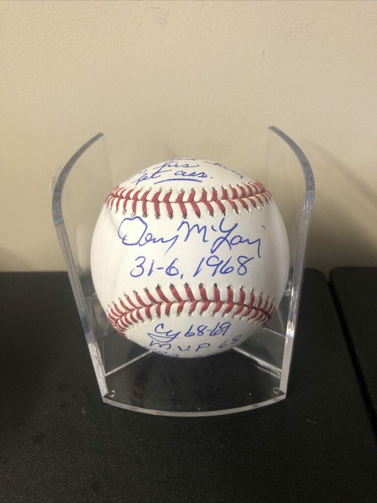 DETROIT TIGERS- DENNY MCLAIN SIGNED AUTOGRAPH STAT BASEBALL ROMLB TRISTAR COA COLLECTIBLE MEMORABILIA