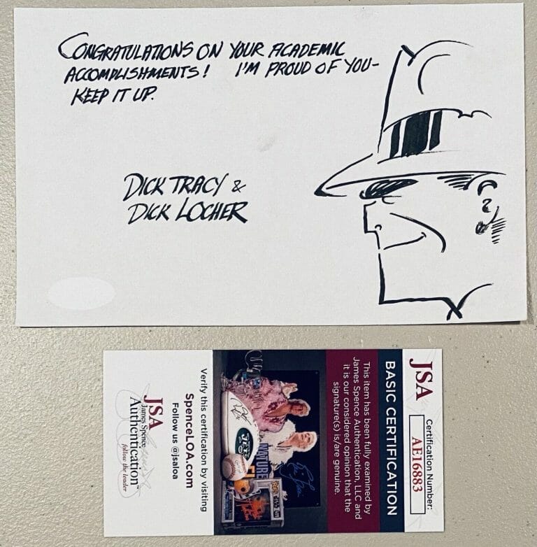 DICK LOCHER SIGNED AUTOGRAPHED 4.75 X 7.5 PAGE W DICK TRACY SKETCH JSA CERT
 COLLECTIBLE MEMORABILIA