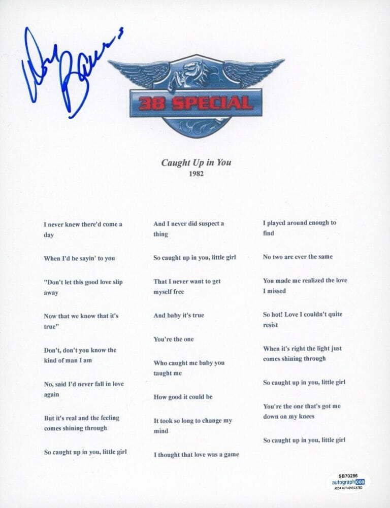 DON BARNES 38 SPECIAL SIGNED AUTOGRAPH LYRIC SHEET ACOA CAUGHT UP IN YOU COLLECTIBLE MEMORABILIA