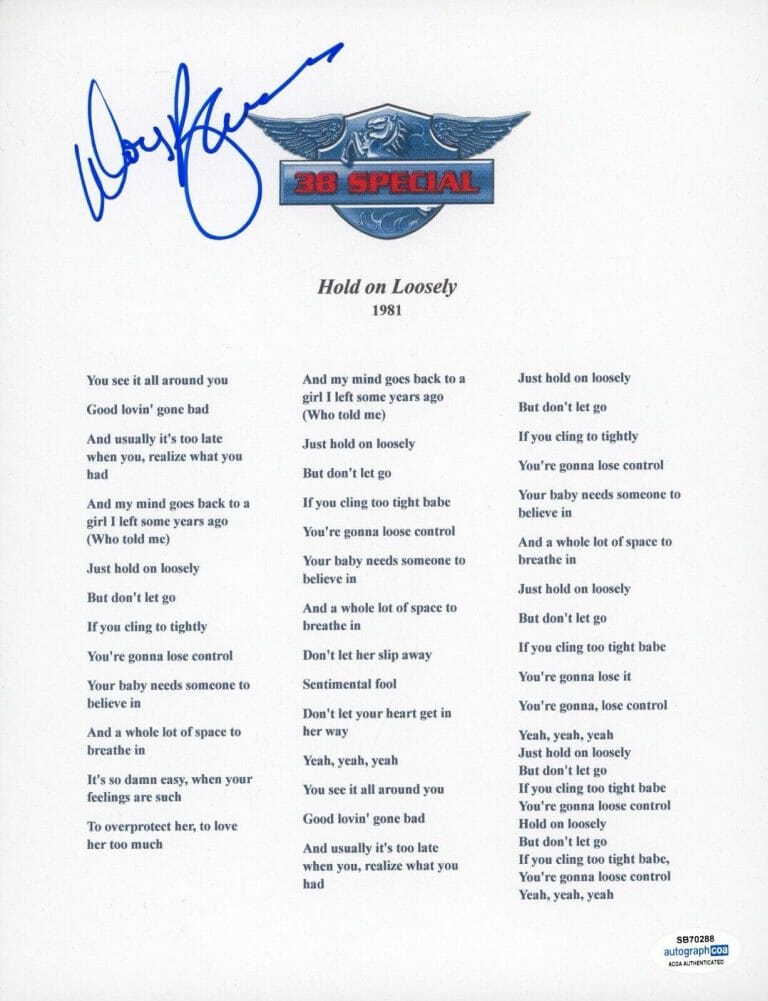 DON BARNES 38 SPECIAL SIGNED AUTOGRAPH LYRIC SHEET HOLD ON LOOSELY ACOA COA COLLECTIBLE MEMORABILIA