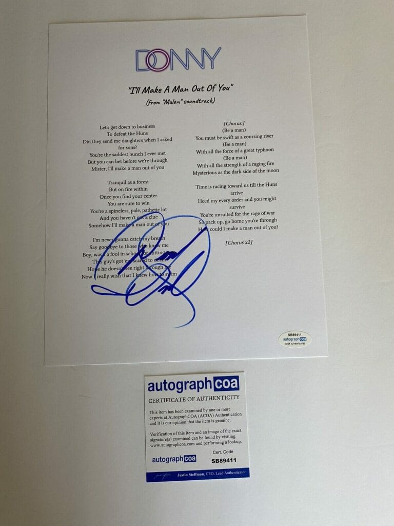 DONNY OSMOND “I’LL MAKE A MAN OUT OF YOU” SIGNED AUTOGRAPH LYRIC SHEET MUSIC
 COLLECTIBLE MEMORABILIA