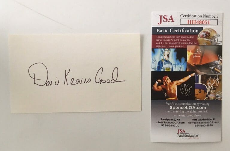 DORIS KEARNS GOODWIN SIGNED AUTOGRAPHED 3×5 CARD JSA CERTIFIED AUTHOR HISTORIAN
 COLLECTIBLE MEMORABILIA