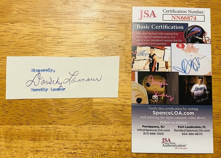 DOROTHY LAMOUR SIGNED AUTOGRAPHED 1.5 X 4 CUT SIGNATURE JSA CERTIFIED ACTRESS
 COLLECTIBLE MEMORABILIA