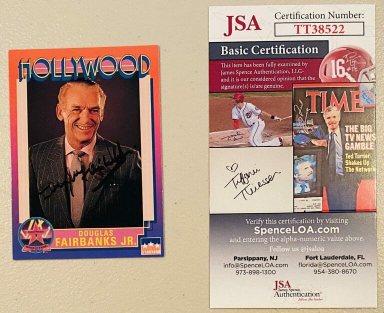 DOUGLAS FAIRBANKS JR SIGNED AUTOGRAPHED 1991 HOLLYWOOD WALK OF FAME CARD #97 JSA
 COLLECTIBLE MEMORABILIA