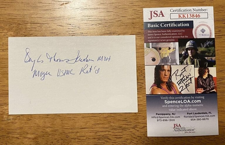 DOUGLAS JACOBSON SIGNED AUTOGRAPHED 3×5 CARD JSA MEDAL OF HONOR WW2 IWO JIMA
 COLLECTIBLE MEMORABILIA