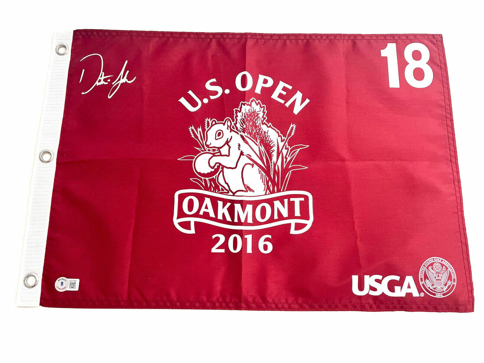 DUSTIN JOHNSON HAND SIGNED 2016 US OPEN WINNER FLAG MAJOR BECKETT BAS CERT #1