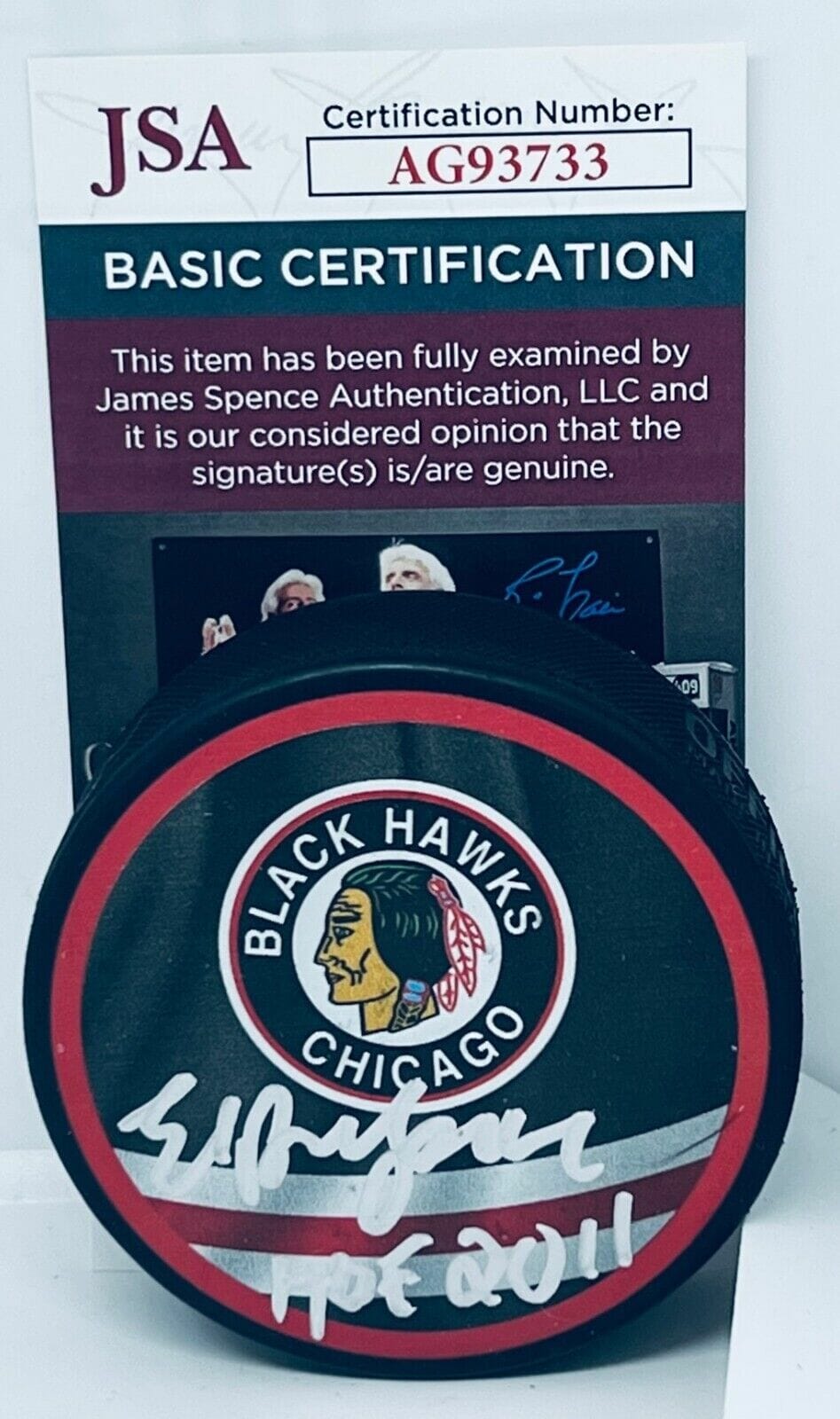 Ed Belfour signed Chicago Blackhawks Reverse Retro Puck autographed W/ HOF JSA