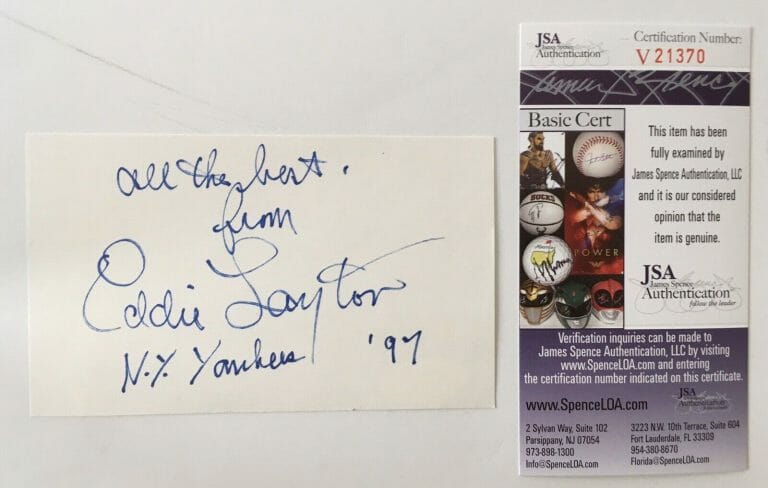 EDDIE LAYTON SIGNED AUTOGRAPHED 3×5 CARD JSA CERTIFIED YANKEES
 COLLECTIBLE MEMORABILIA