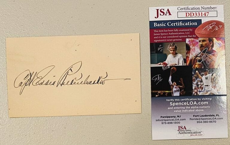 EDDIE RICKENBACKER SIGNED AUTOGRAPHED 3×5 CARD JSA WWI PILOT EASTERN AIRLINES
 COLLECTIBLE MEMORABILIA