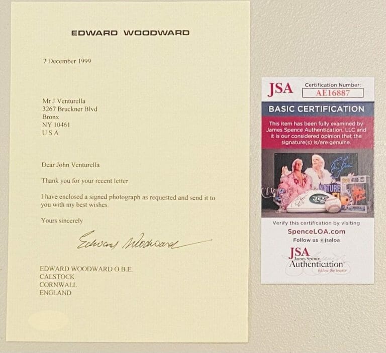 EDWARD WOODWARD AUTOGRAPHED 6×8 TYPED LETTER SIGNED JSA CERT THE EQUALIZER
 COLLECTIBLE MEMORABILIA