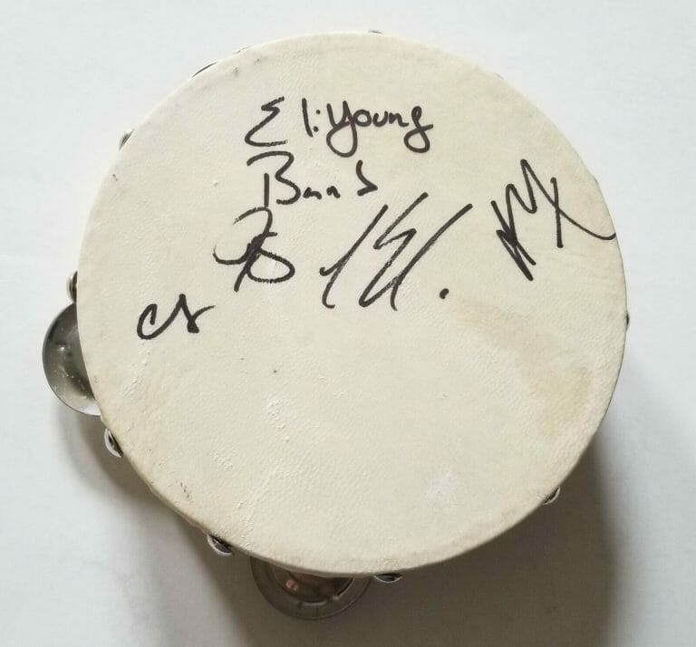 ELI YOUNG BAND REAL HAND SIGNED TAMBOURINE AUTOGRAPHED ALL 4 MEMBERS EXACT PROOF
 COLLECTIBLE MEMORABILIA