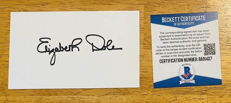 ELIZABETH DOLE SIGNED AUTOGRAPHED 3×5 CARD BECKETT BAS SENATOR NORTH CAROLINA
 COLLECTIBLE MEMORABILIA